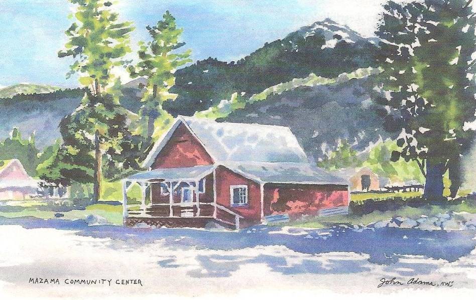 Watercolor of the Mazama Community Club building painted by John Adams. 